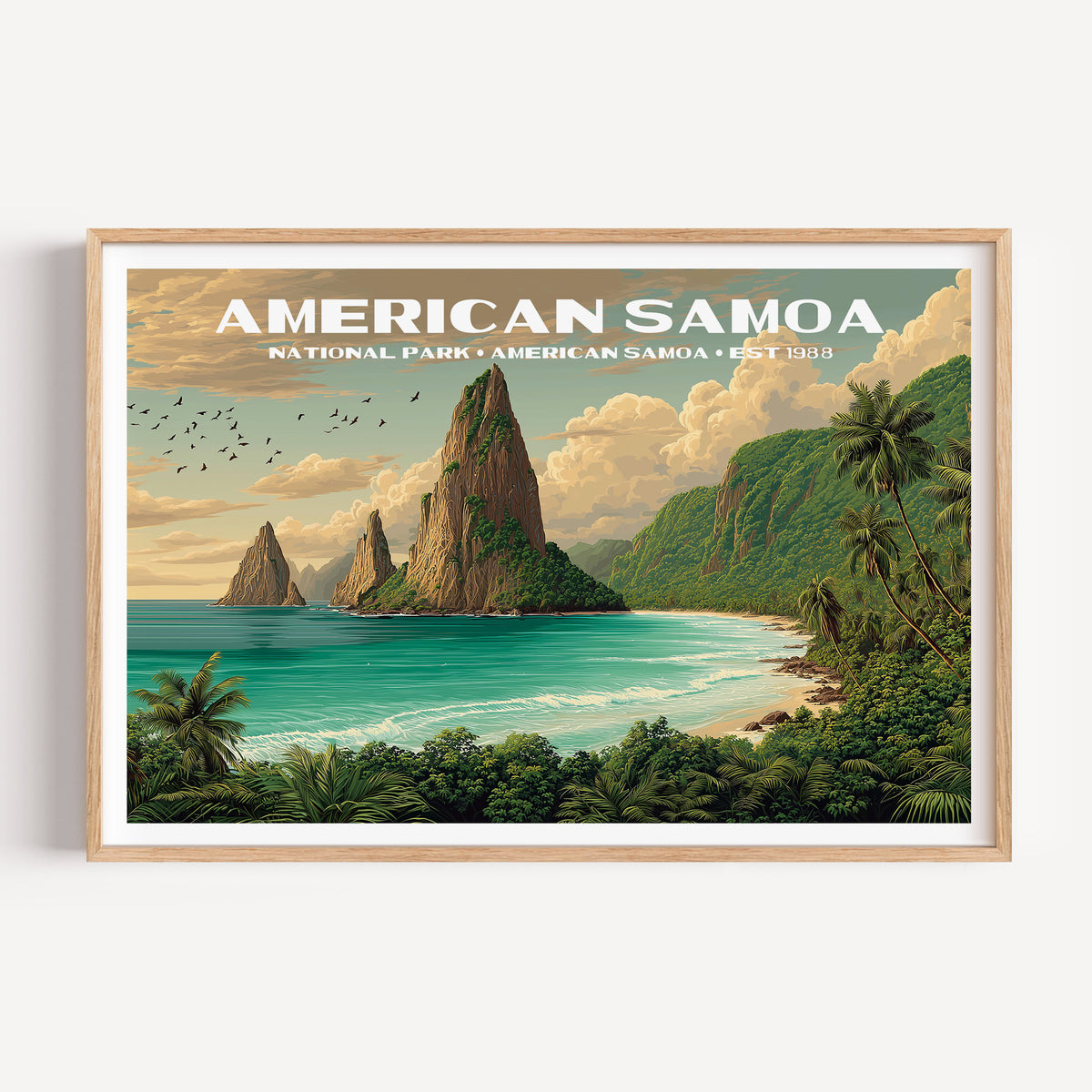 Jagged volcanic sea cliffs above a turquoise bay ringed with palms and rainforest — American Samoa National Park vintage WPA travel poster print