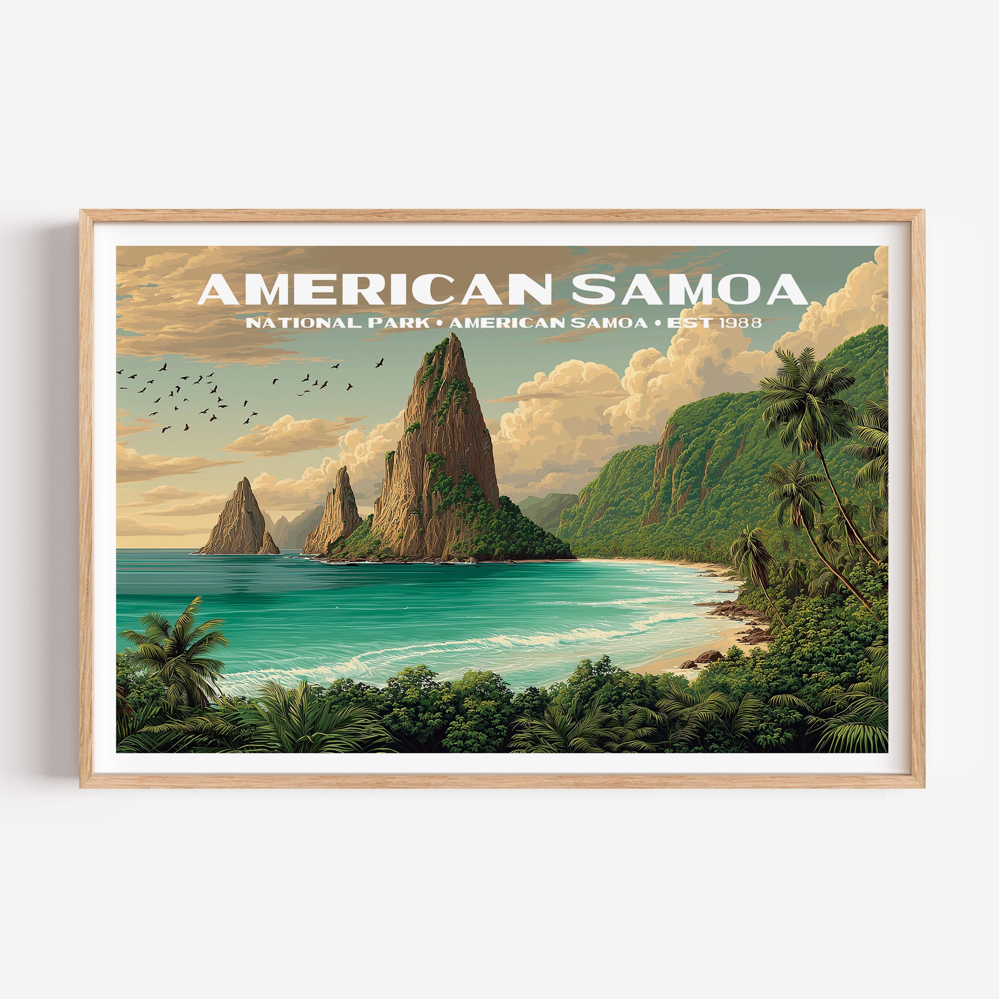 Jagged volcanic sea cliffs above a turquoise bay ringed with palms and rainforest — American Samoa National Park vintage WPA travel poster print