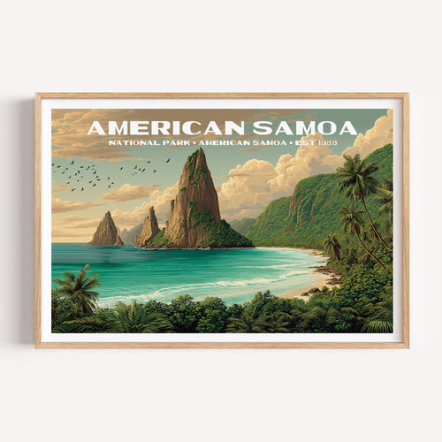 Jagged volcanic sea cliffs above a turquoise bay ringed with palms and rainforest — American Samoa National Park vintage WPA travel poster print