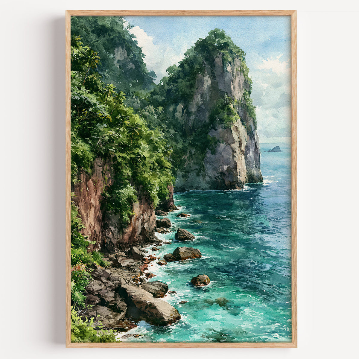 American Samoa National Park watercolor art print: rainforest-covered volcanic sea cliffs above turquoise Pacific water