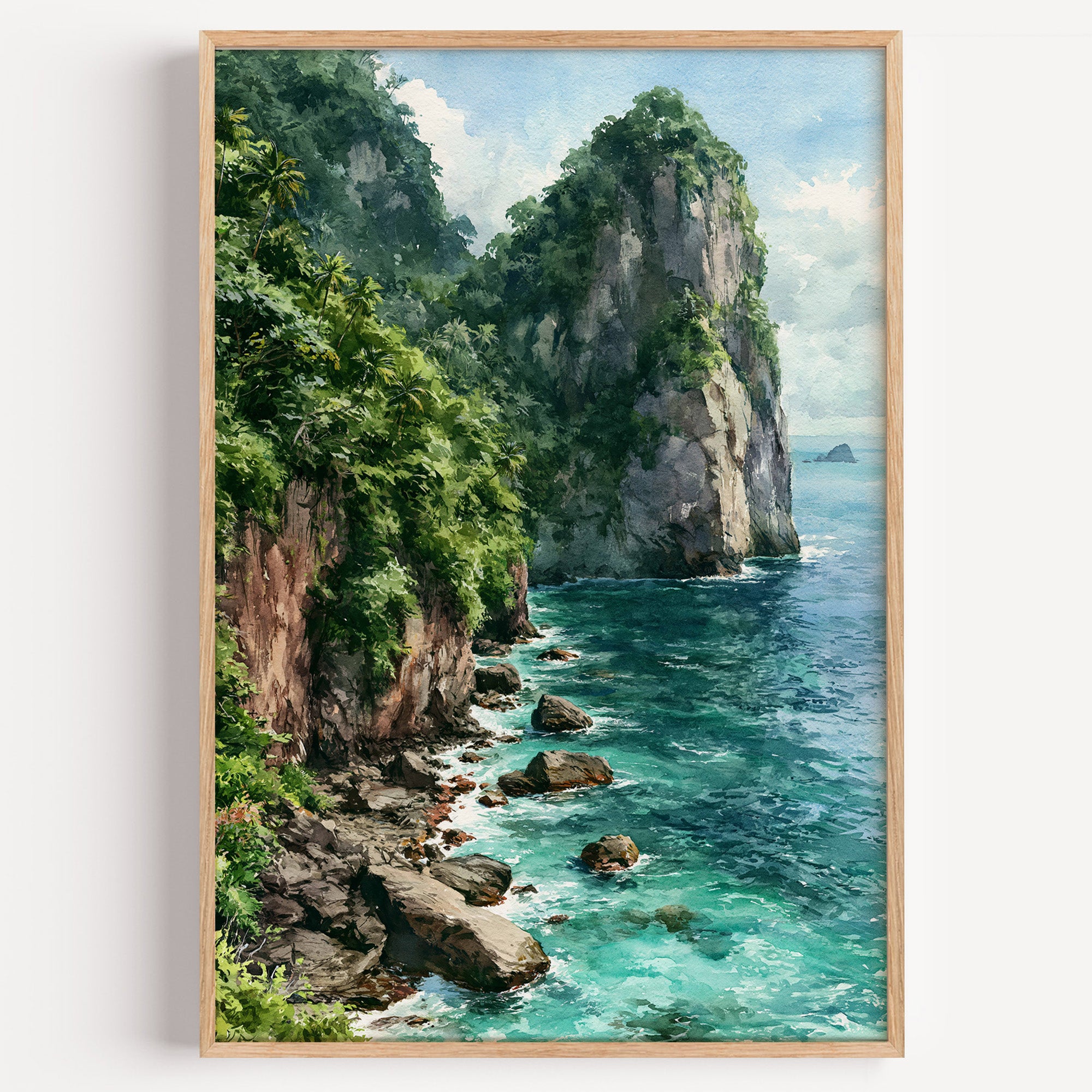 American Samoa National Park watercolor art print: rainforest-covered volcanic sea cliffs above turquoise Pacific water