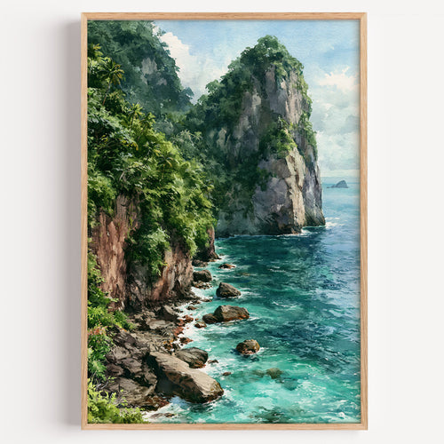 American Samoa National Park watercolor art print: rainforest-covered volcanic sea cliffs above turquoise Pacific water