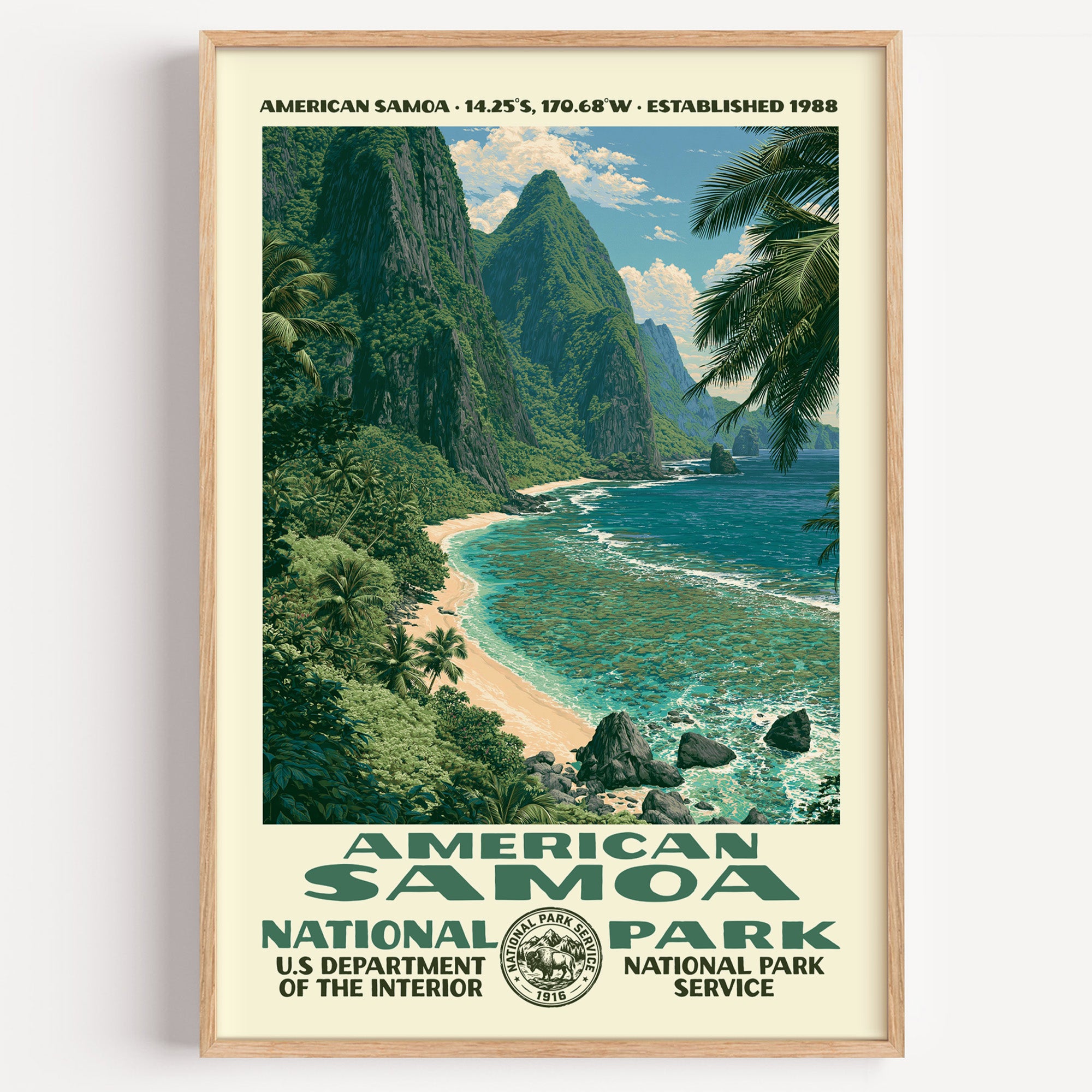 American Samoa National Park vintage WPA poster in a wood frame, jade rainforest ridges falling into a turquoise Pacific reef