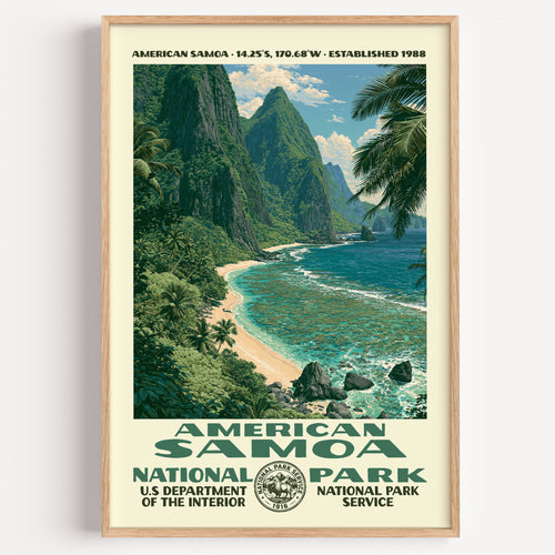 American Samoa National Park vintage WPA poster in a wood frame, jade rainforest ridges falling into a turquoise Pacific reef