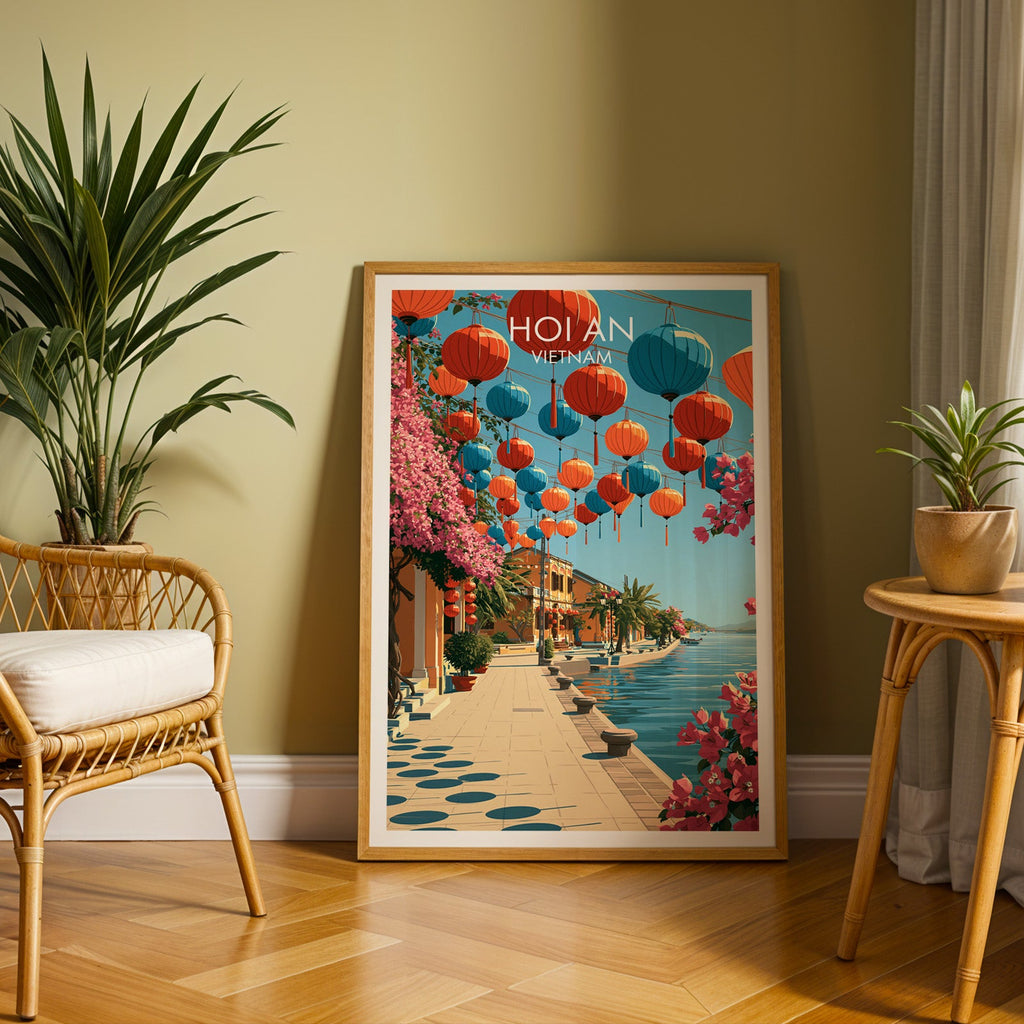 Large Hoi An travel print in an oak frame leaning on a herringbone floor next to a rattan chair