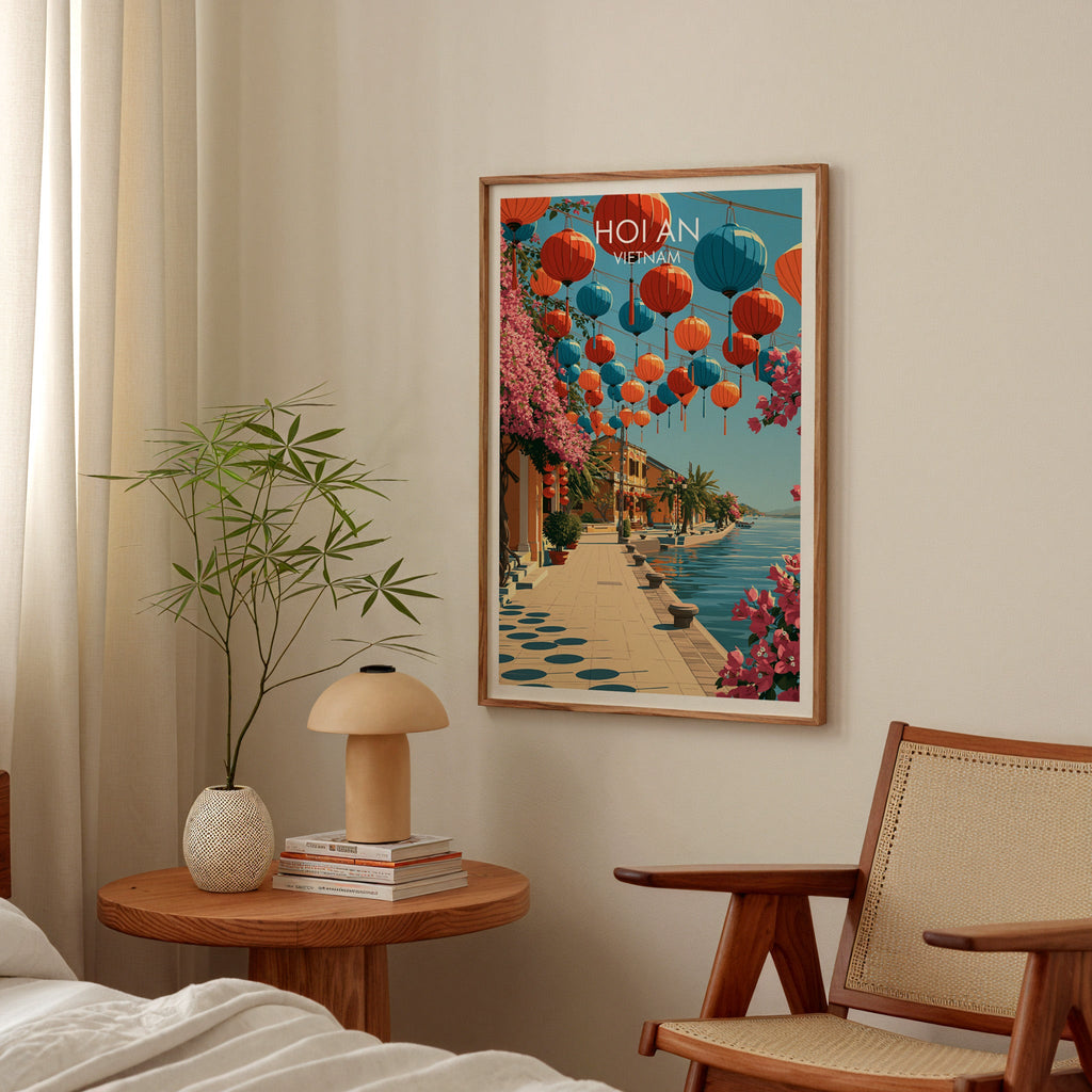 Vietnam travel poster above a bedroom nightstand with a bamboo plant and mushroom lamp