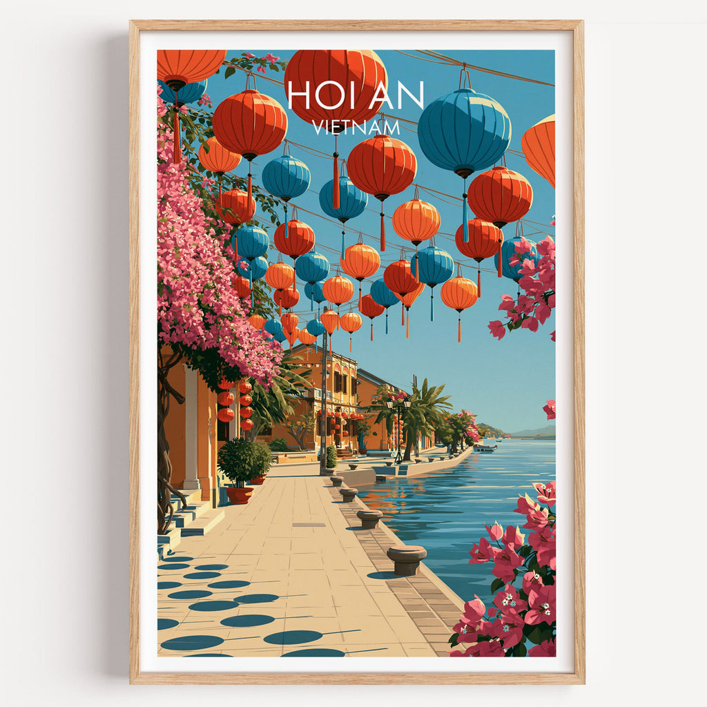 Hoi An Vietnam travel poster in a natural wood frame, showing red and blue silk lanterns above the Thu Bon riverfront