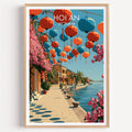 Hoi An Vietnam travel poster in a natural wood frame, showing red and blue silk lanterns above the Thu Bon riverfront