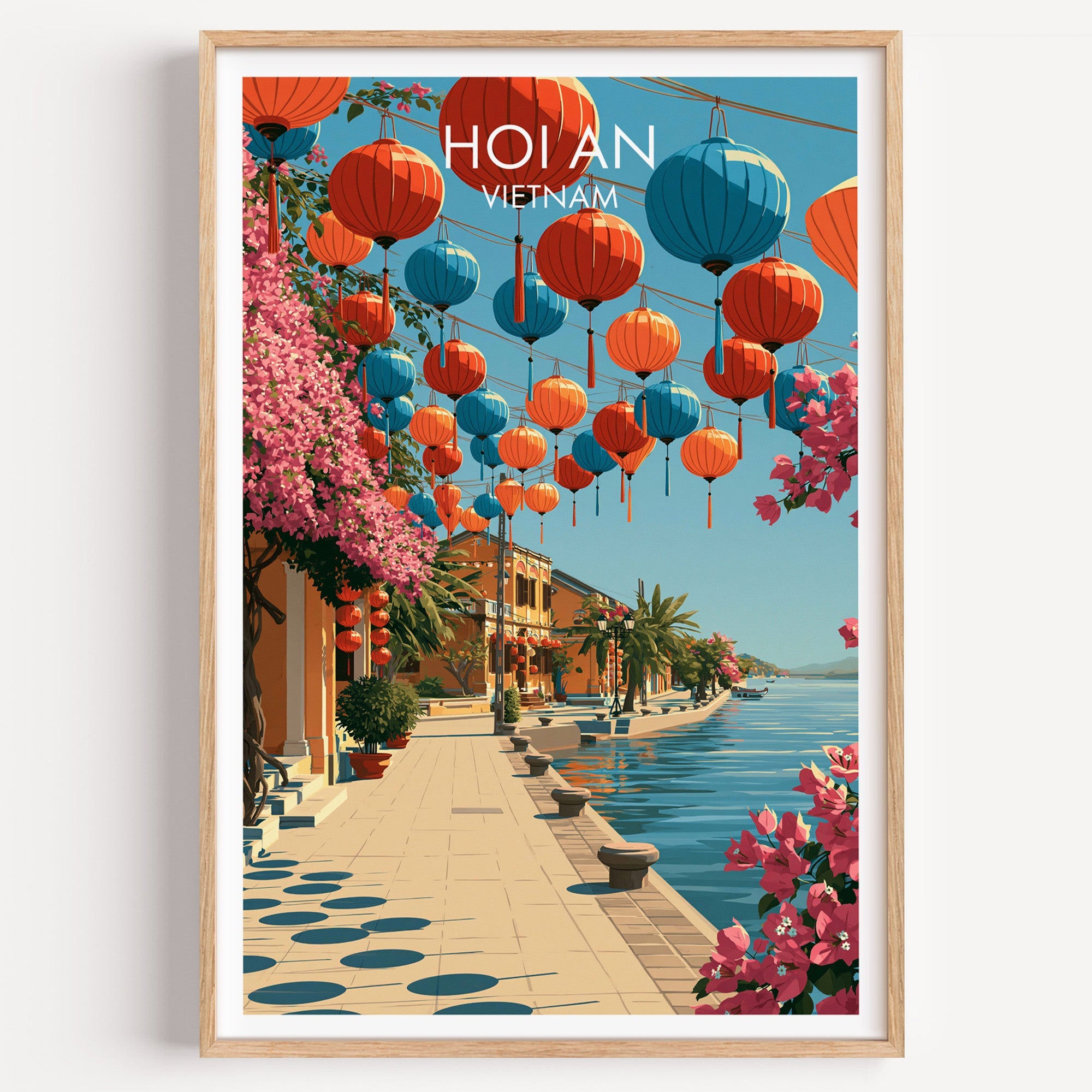 Hoi An Vietnam travel poster in a natural wood frame, showing red and blue silk lanterns above the Thu Bon riverfront
