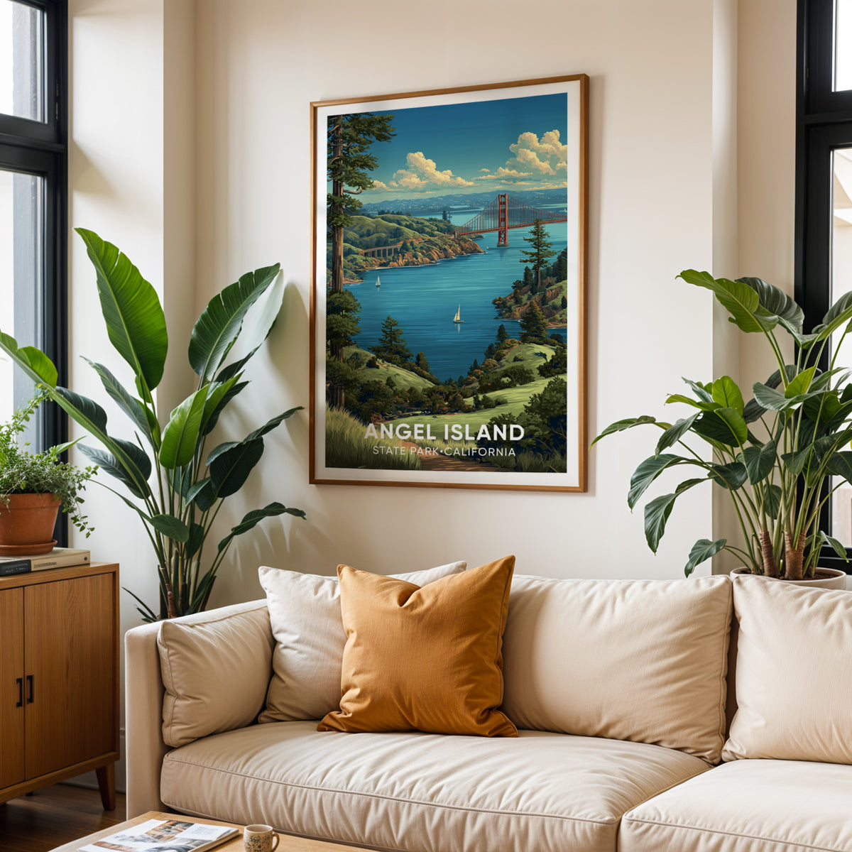 Angel Island wall art above a cream sofa with ochre cushions and two tall tropical plants