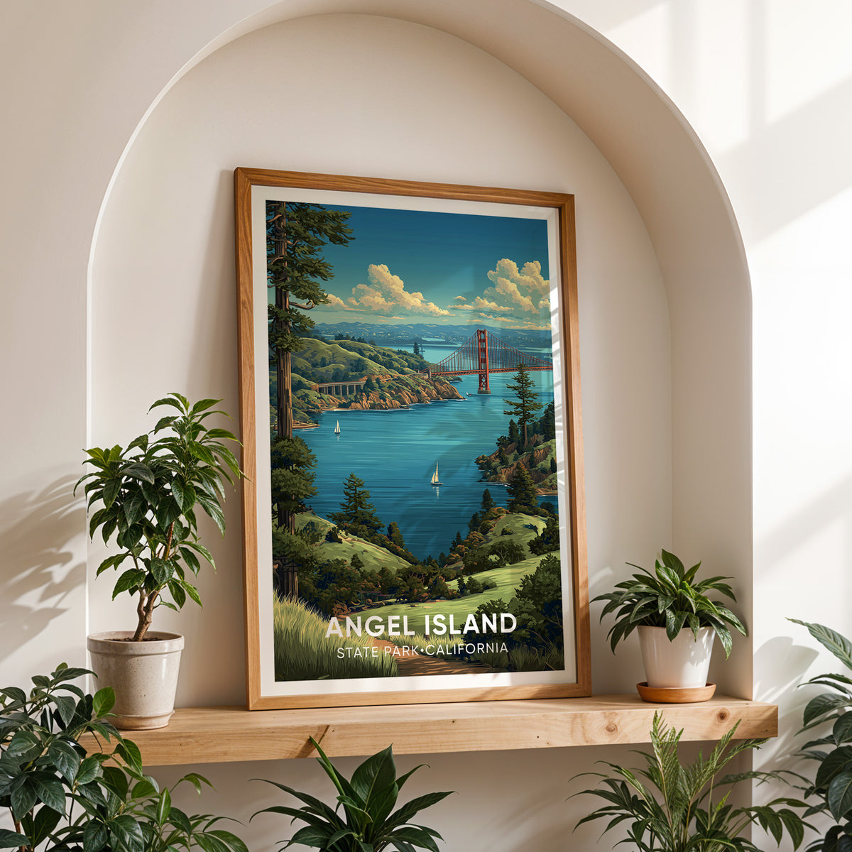Angel Island artwork on a shelf inside a white arched alcove with a potted plant on each side