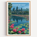 Angkor Wat Cambodia travel poster in a natural wood frame, shown against a clean white wall