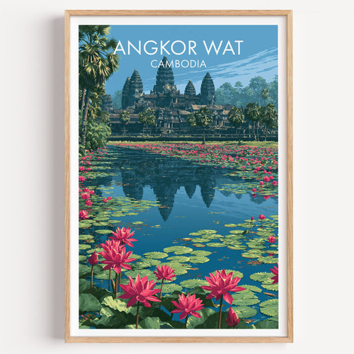 Angkor Wat Cambodia travel poster in a natural wood frame, shown against a clean white wall