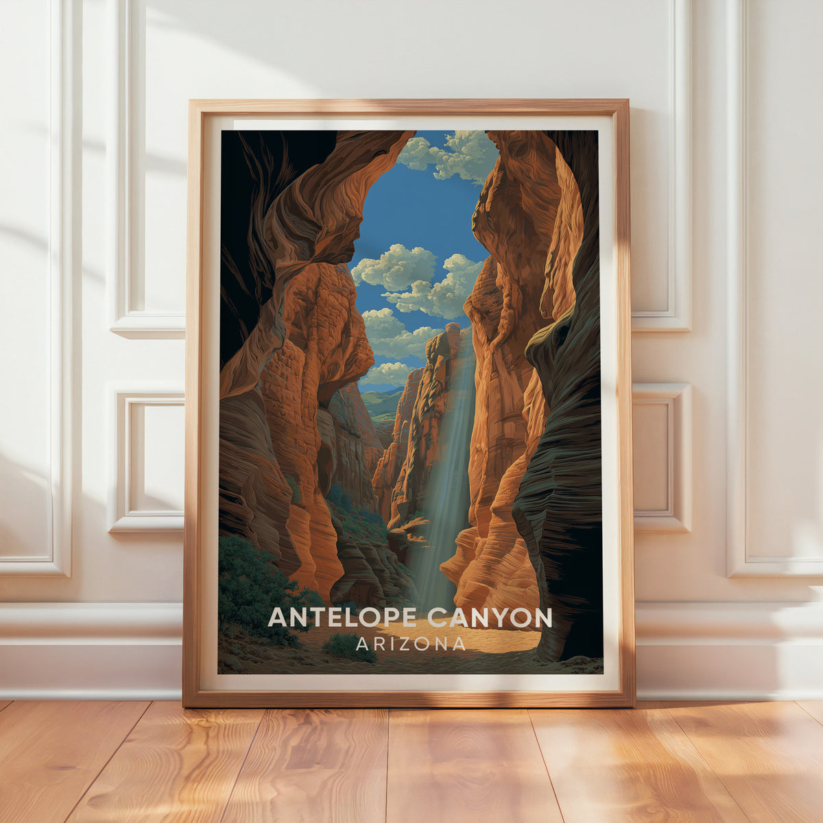 Antelope Canyon illustrated print leaning on a textured white wall in window sunlight, wood floor