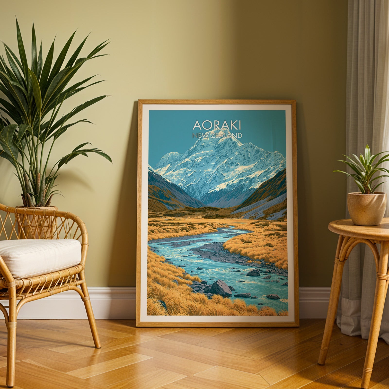 Braided river and alpine peak art in an oak frame on herringbone parquet, olive wall and rattan chair