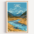 Aoraki Mount Cook travel print in a light oak frame on a plain white wall