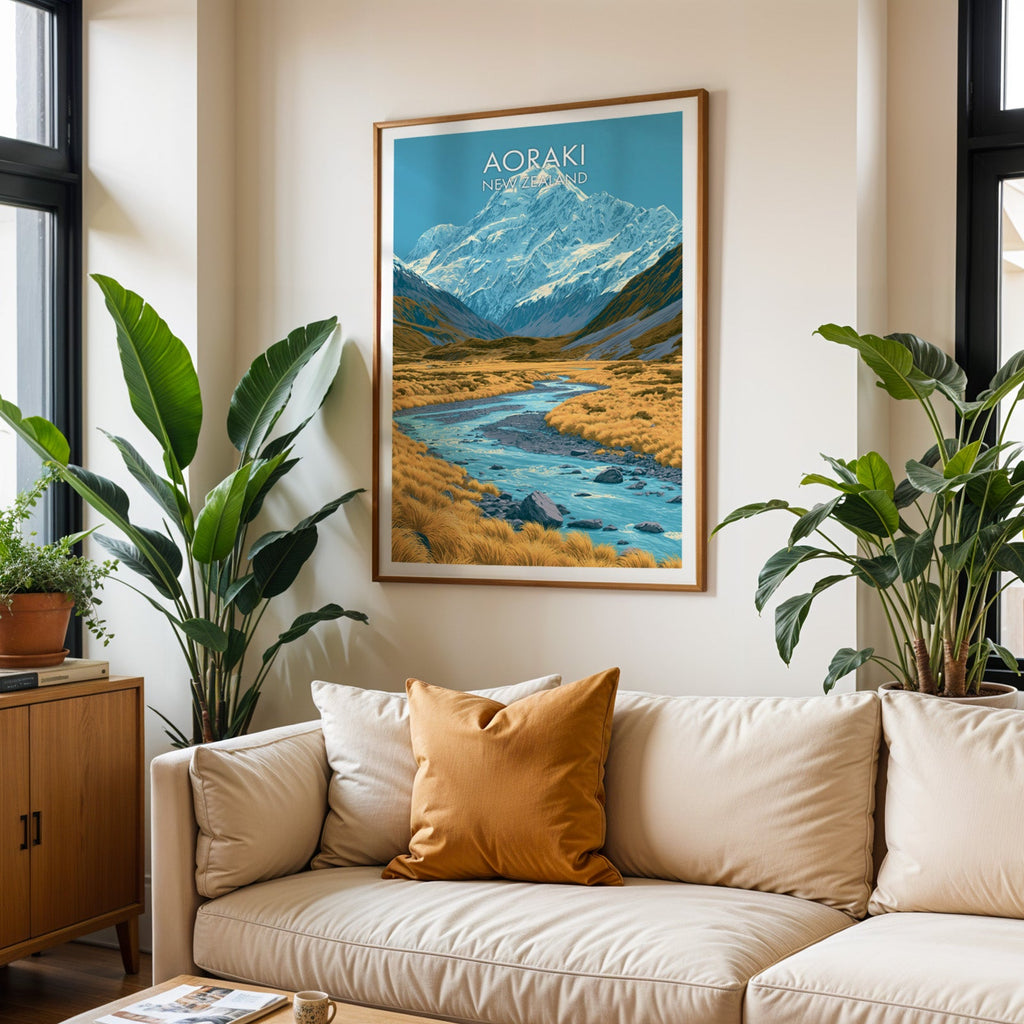 Aoraki Mount Cook wall art in oak above a cream sofa with a burnt-orange cushion and tropical plants