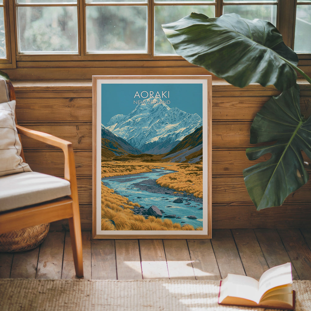 Oak-framed Aoraki print leaning on a pine cabin wall with a wooden armchair and open book on jute