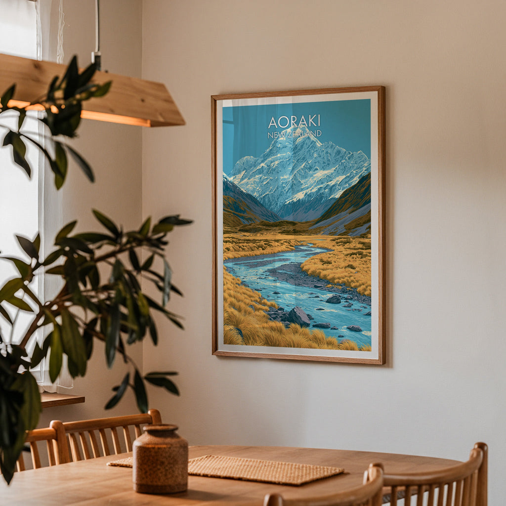 New Zealand alpine poster in oak above an oak dining table with spindle chairs and a wood pendant