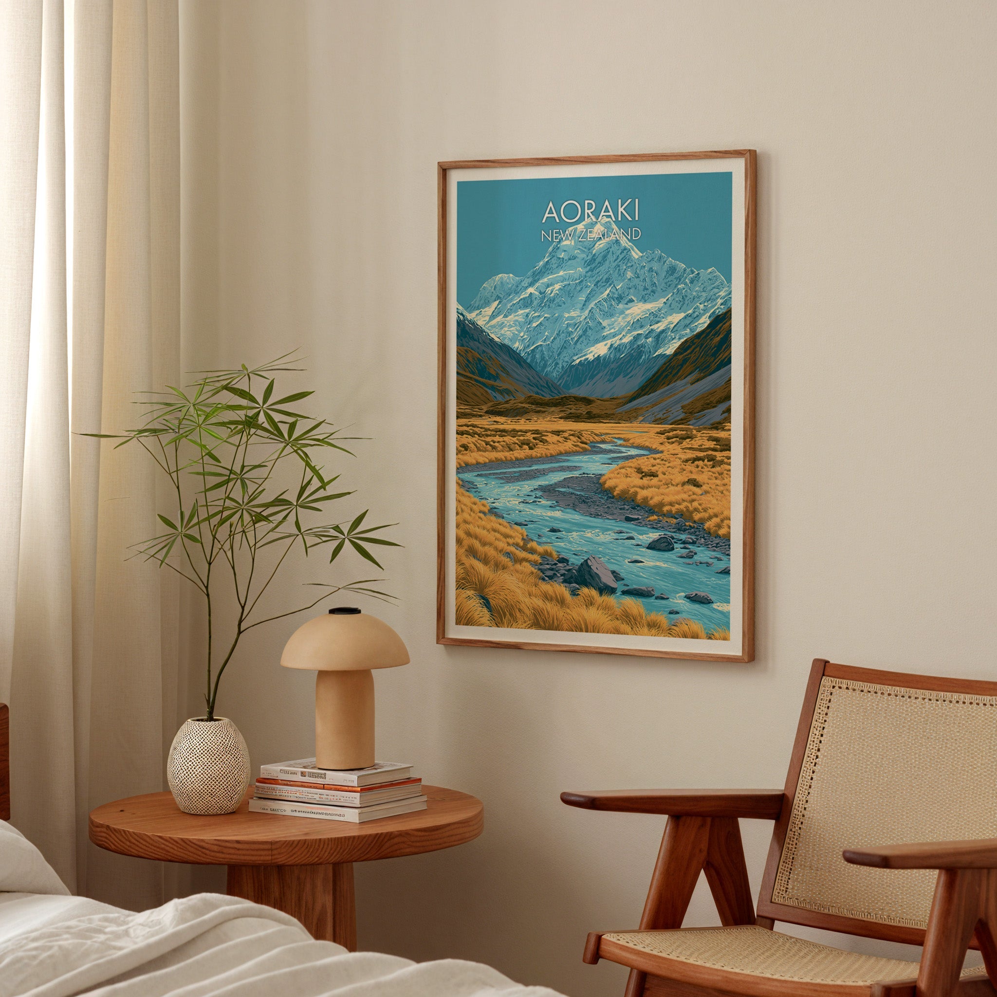 Tussock valley and snowy peak art in oak above a bedside table with a mushroom lamp and bamboo stems