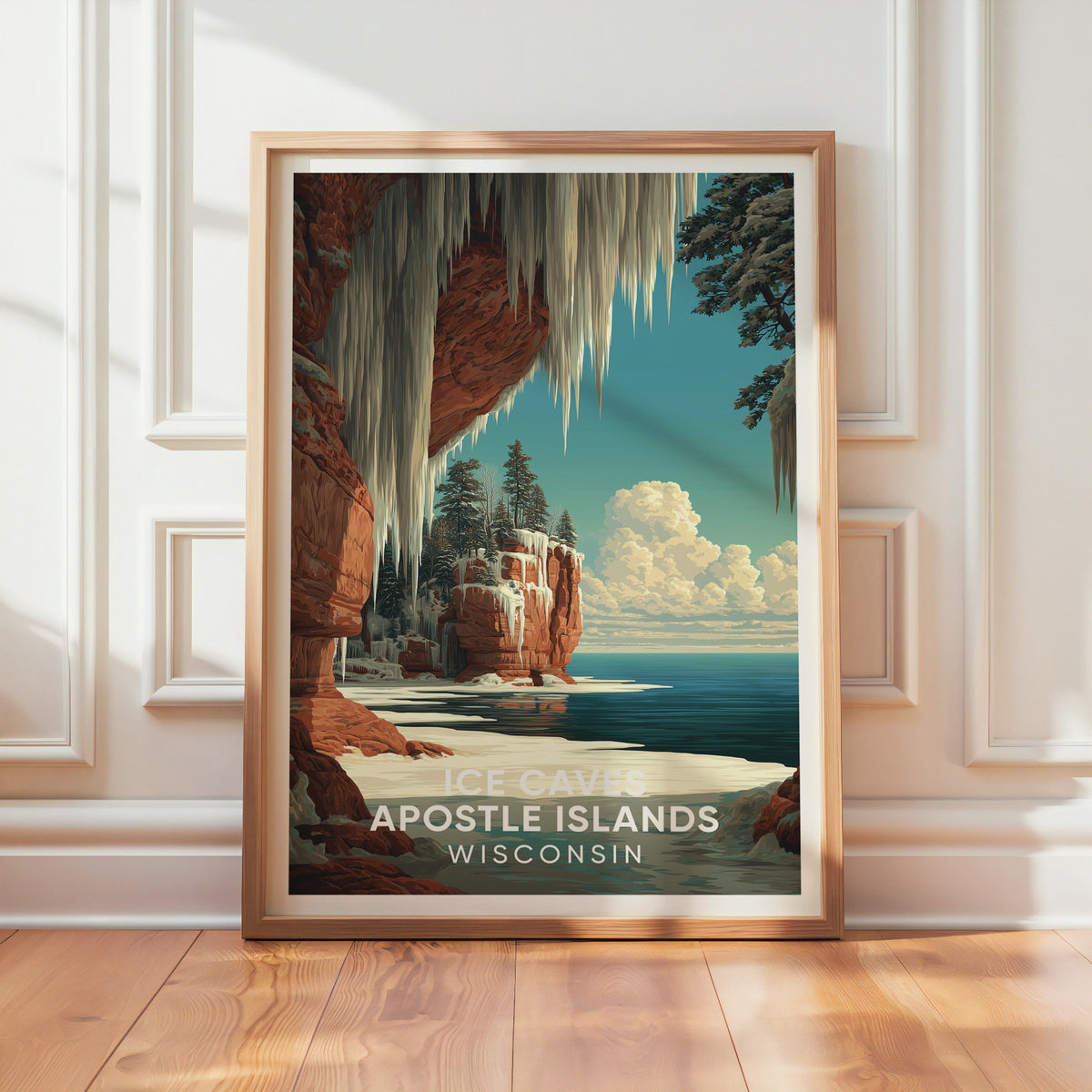 Frozen red cliff travel print in oak leaning on a textured white wall with sunlight across the wood floor