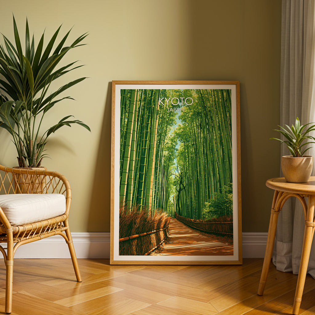 Large Arashiyama Bamboo Forest Kyoto travel print in an oak frame leaning on a herringbone floor next to a rattan chair