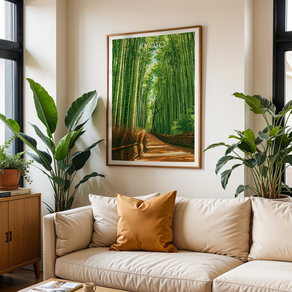 Framed Arashiyama Bamboo Forest Kyoto wall art hanging above a cream sofa in a bright living room with tropical plants