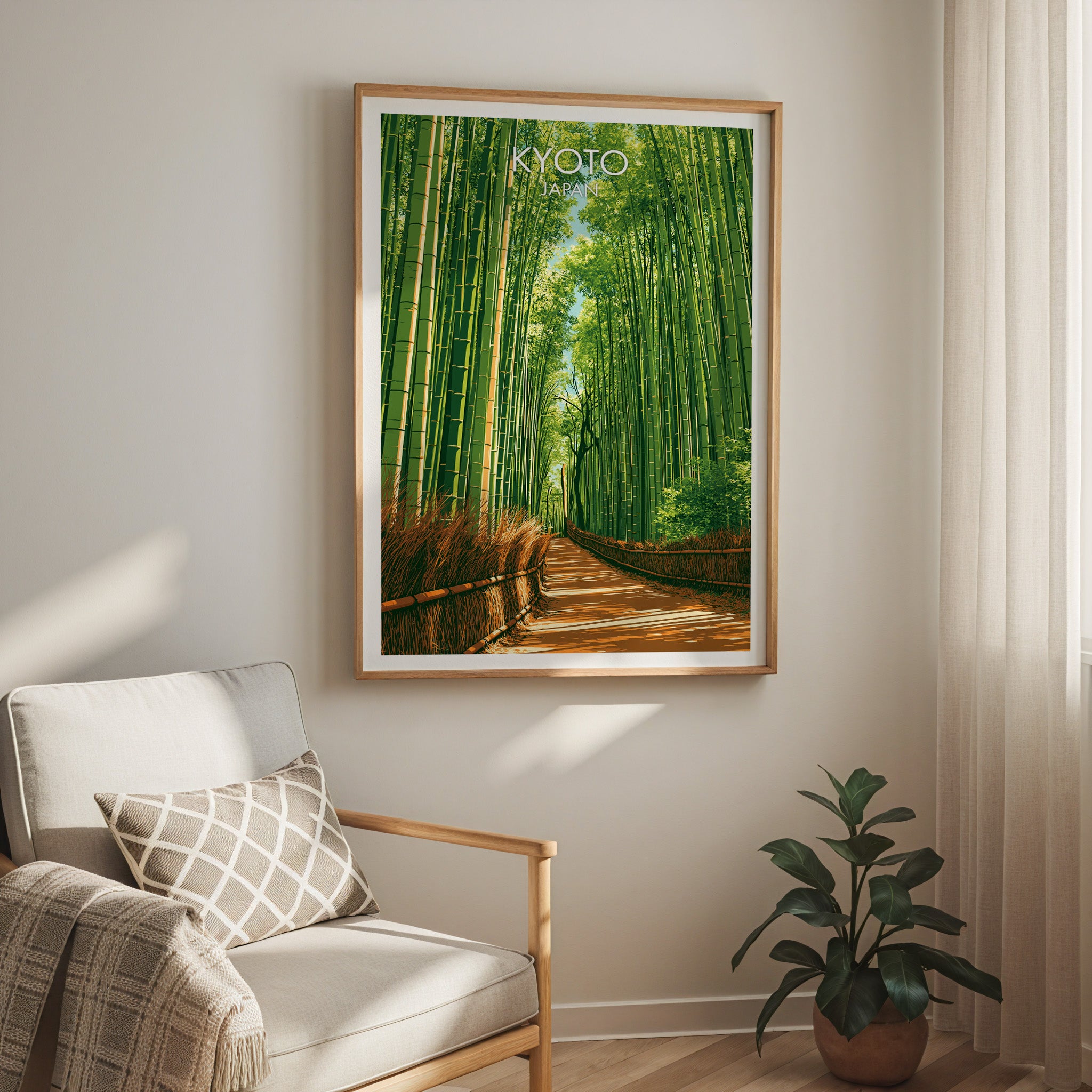 Arashiyama Bamboo Forest Kyoto travel print in a light oak frame on a living room wall beside a linen armchair