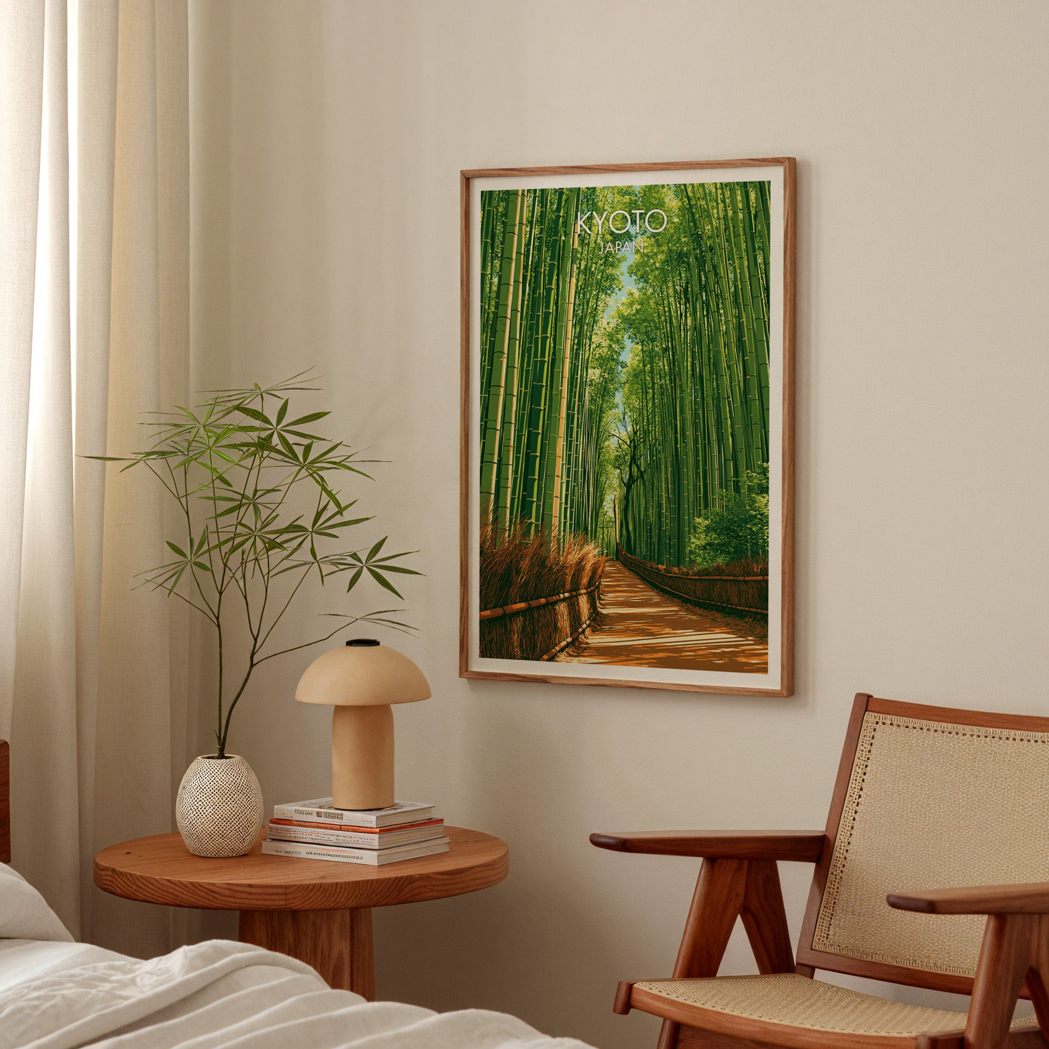 Arashiyama Bamboo Forest Kyoto poster above a bedroom nightstand with a bamboo plant and mushroom lamp