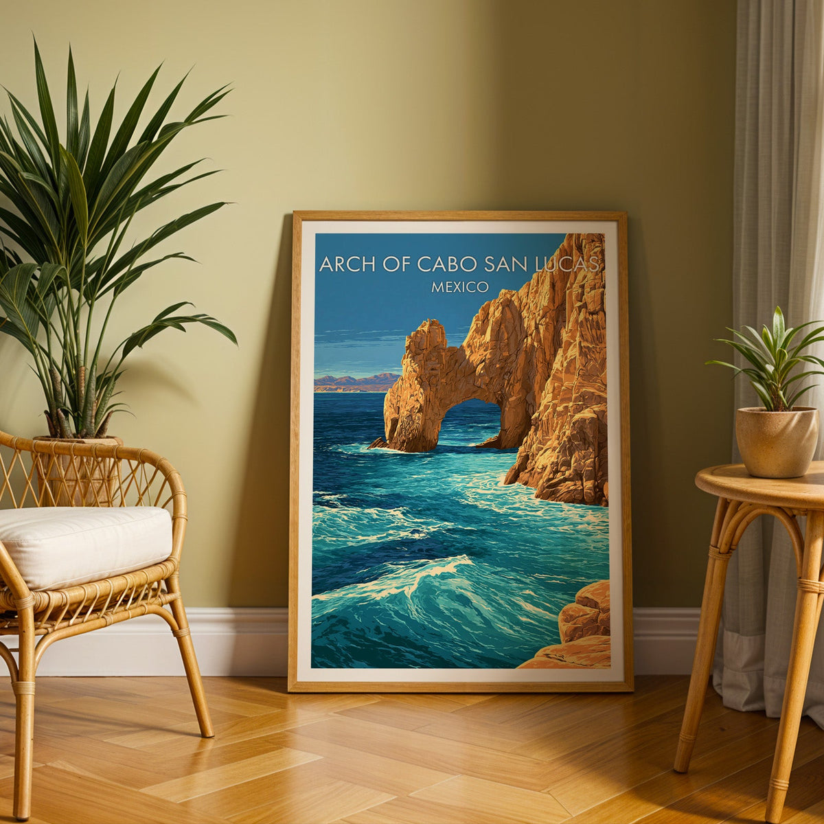 Breaking waves in ribbons of teal, oak frame on herringbone parquet with a rattan chair, olive wall