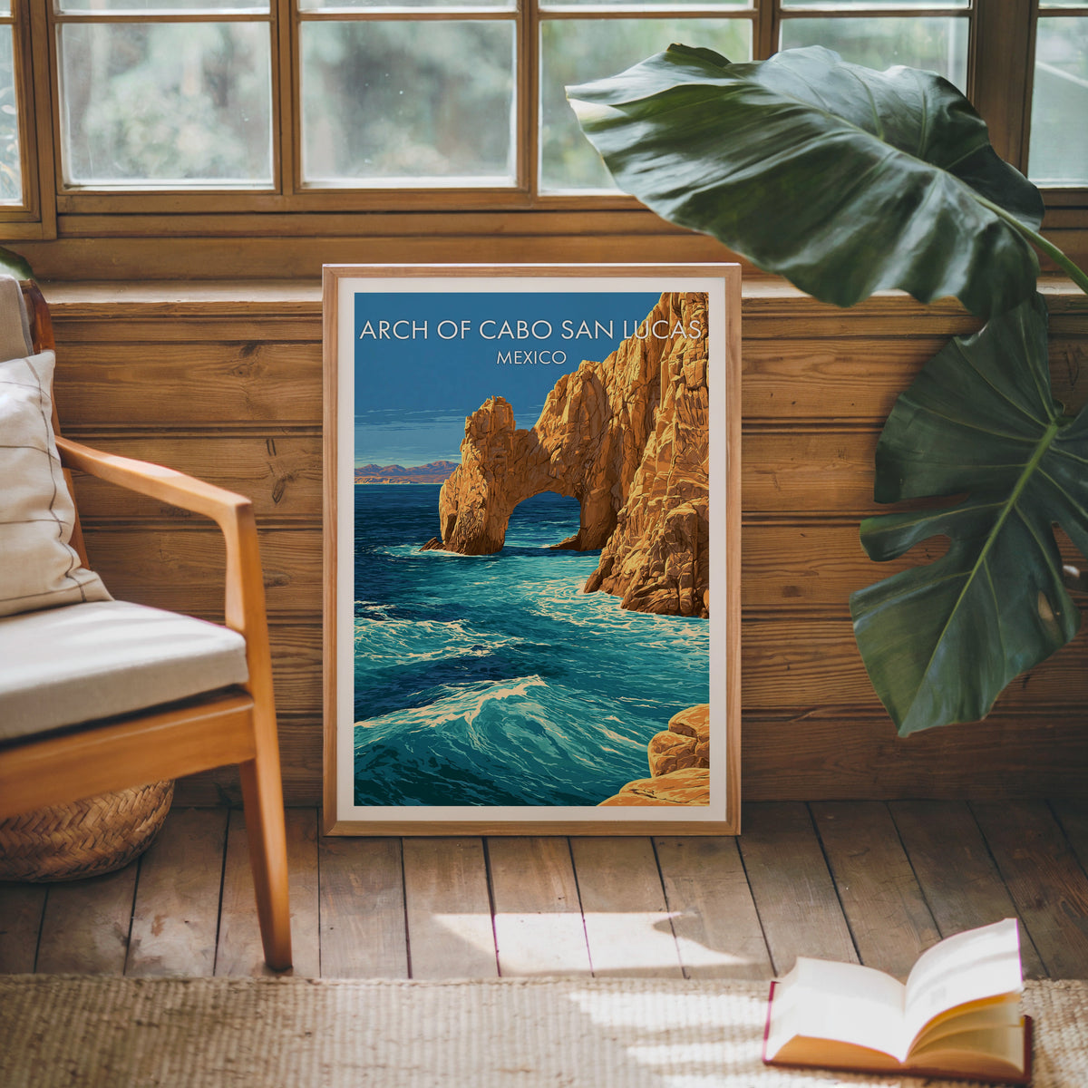 Faceted gold cliff face, oak frame on a pine cabin wall by a wooden armchair and a monstera leaf