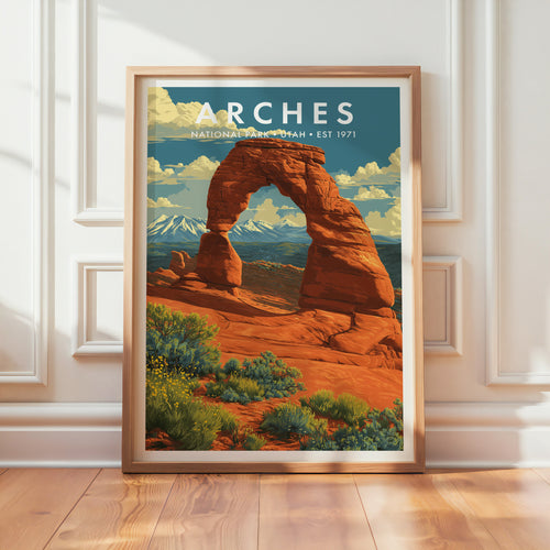 Arches National Park mid-century modern art print in a light oak frame leaning against a panelled white wall on a warm wood floor