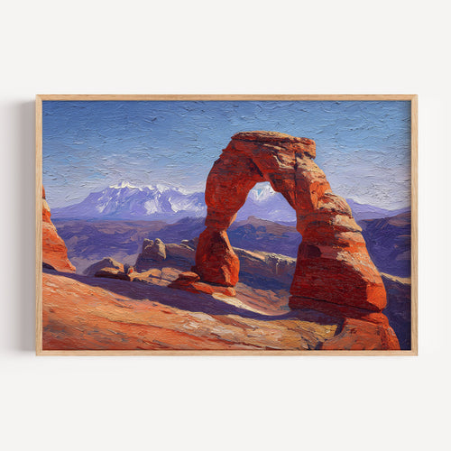Arches National Park oil painting print in a light oak frame: Delicate Arch in red sandstone with snowy peaks behind