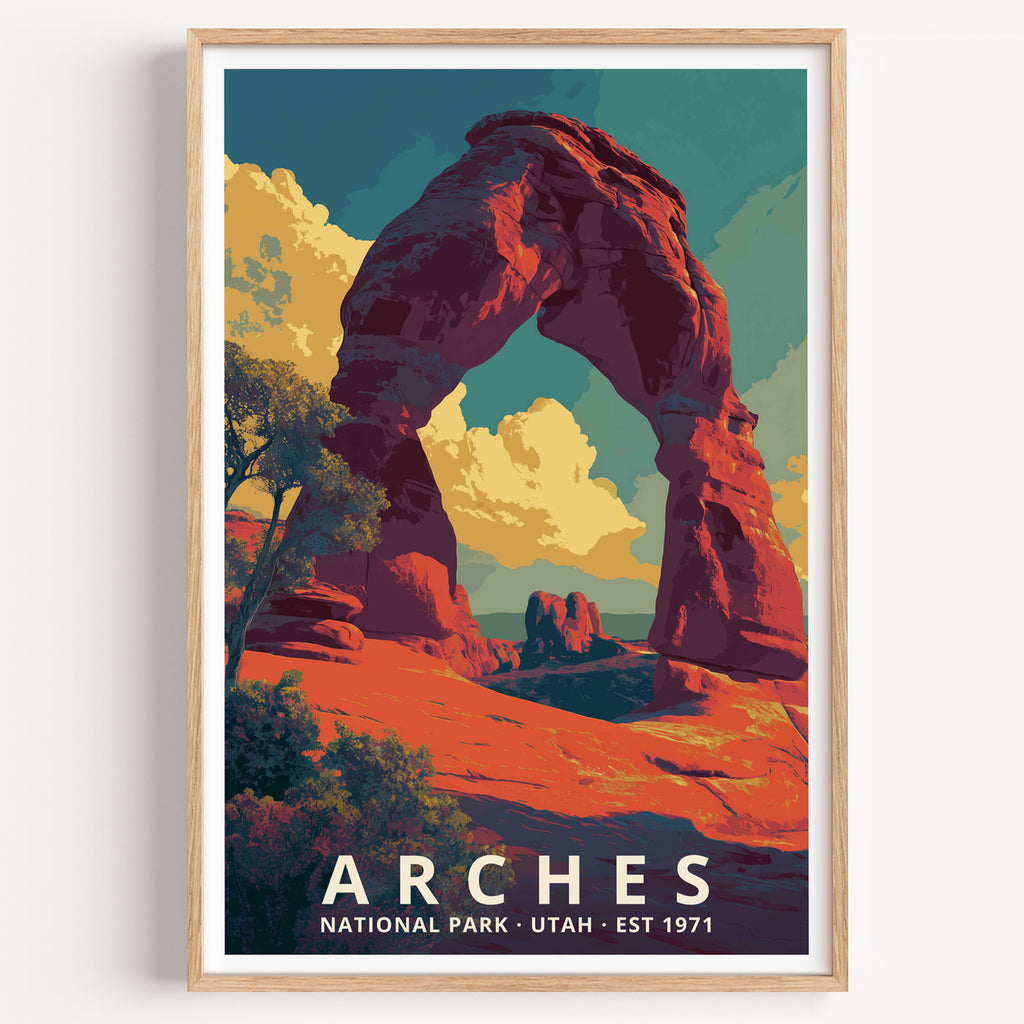 Arches National Park retro travel poster — Delicate Arch glowing deep red against towering desert clouds, Utah