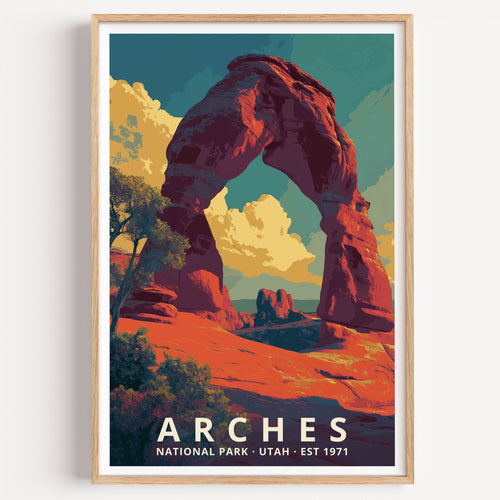 Arches National Park retro travel poster — Delicate Arch glowing deep red against towering desert clouds, Utah