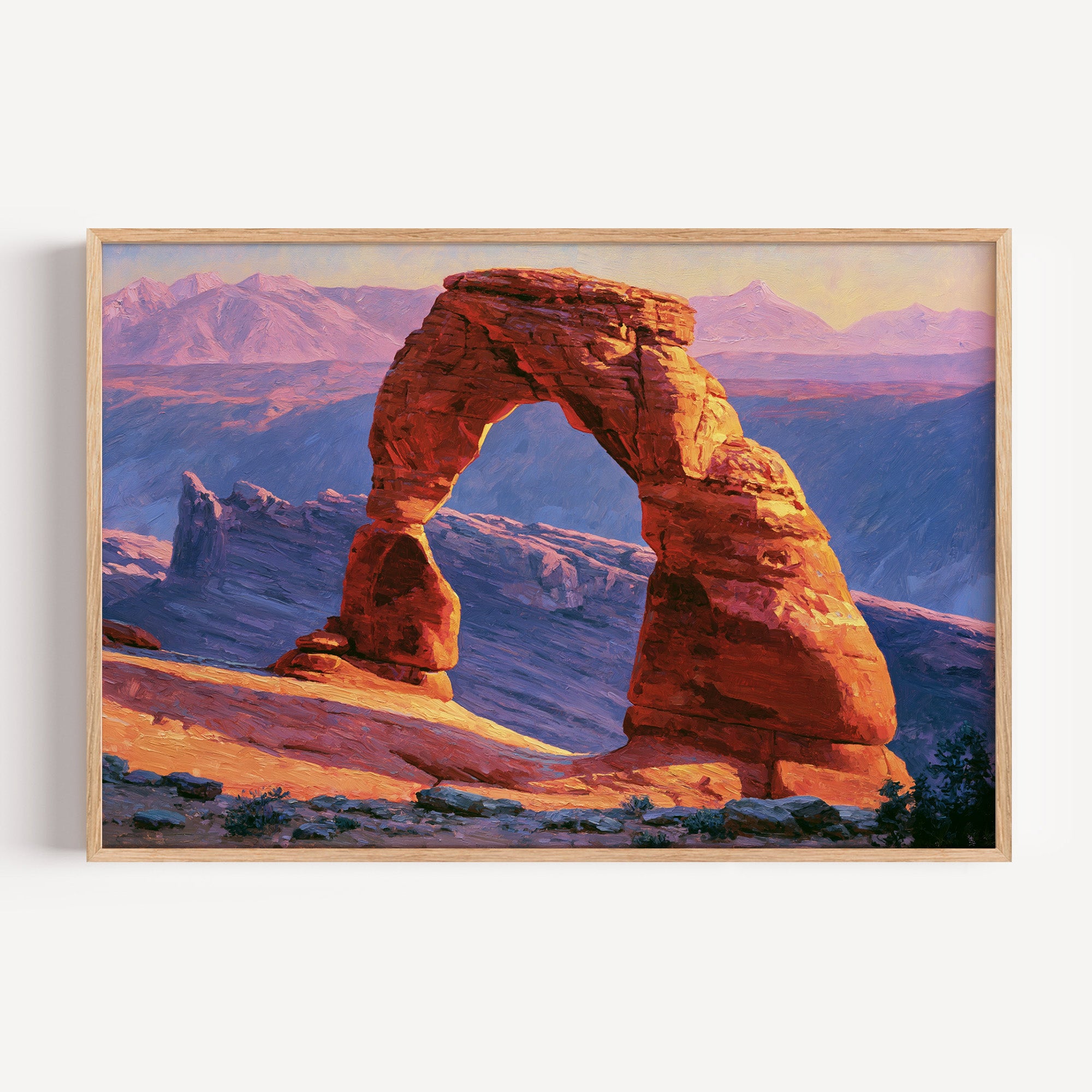 Arches National Park classical oil painting print in a light oak frame: Delicate Arch at sunset