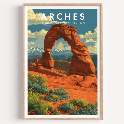 Arches National Park mid-century modern art print — Delicate Arch standing alone on the slickrock bench
