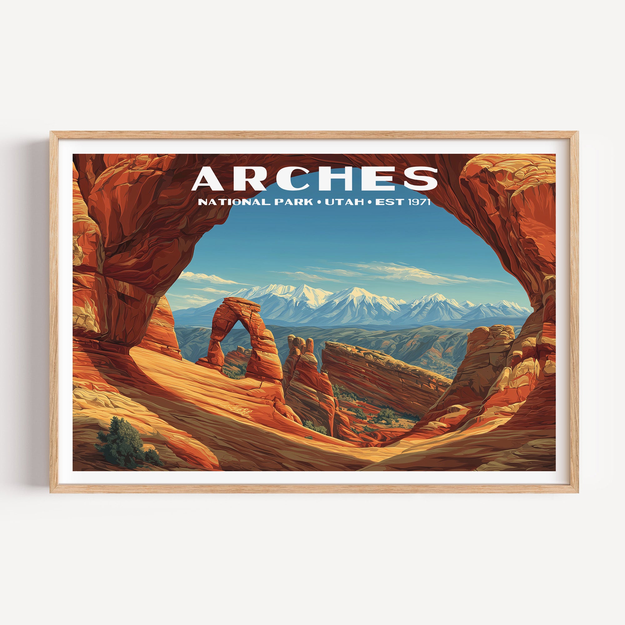 Delicate Arch and the snow-capped La Sal Mountains seen through a red rock arch — Arches National Park vintage WPA travel poster print