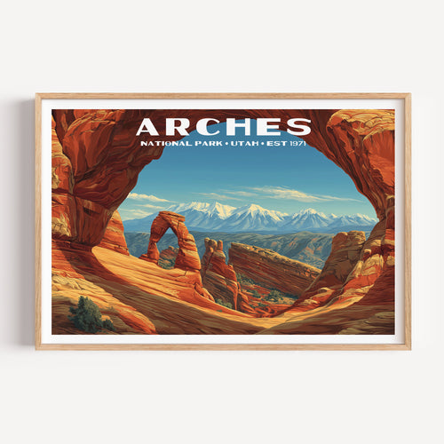 Delicate Arch and the snow-capped La Sal Mountains seen through a red rock arch — Arches National Park vintage WPA travel poster print
