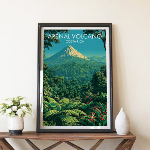 Volcanic cone over the jungle, black frame on a walnut console with white peonies and a ceramic vase
