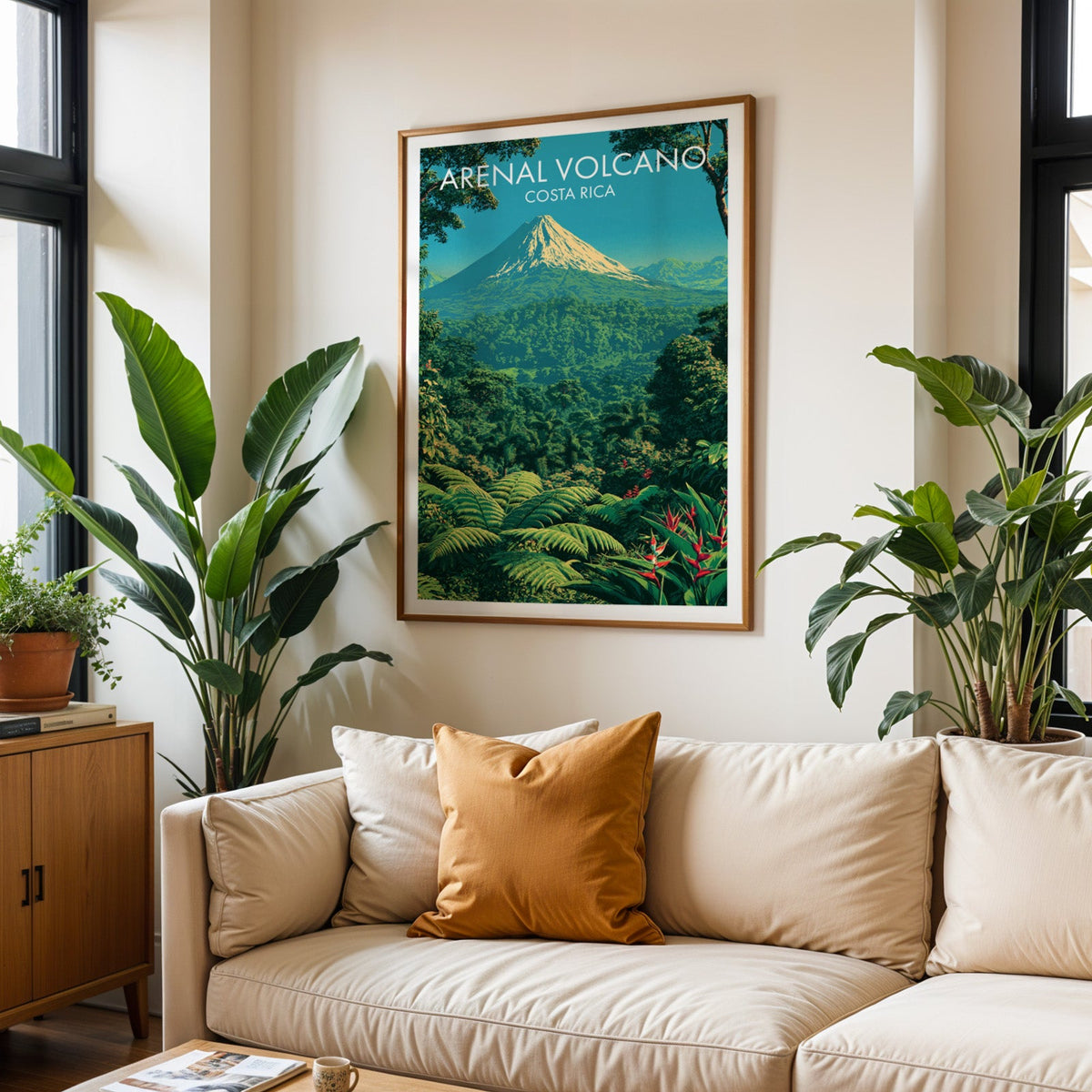 Pale summit above dark forest, oak frame over a cream sofa with a burnt-orange cushion and tall plants