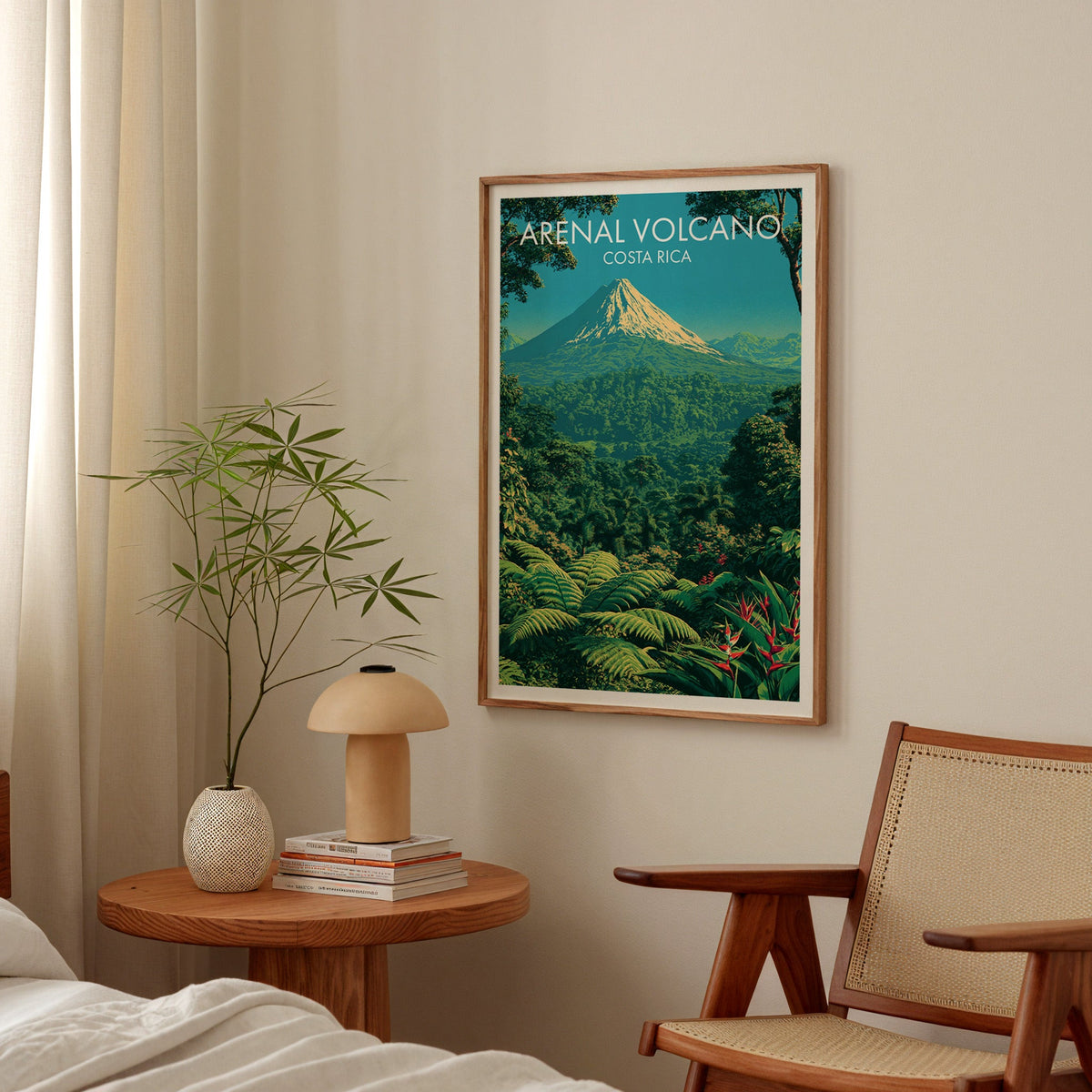 Cone and rainforest in an oak frame in a bedroom above a round bedside table with a mushroom lamp