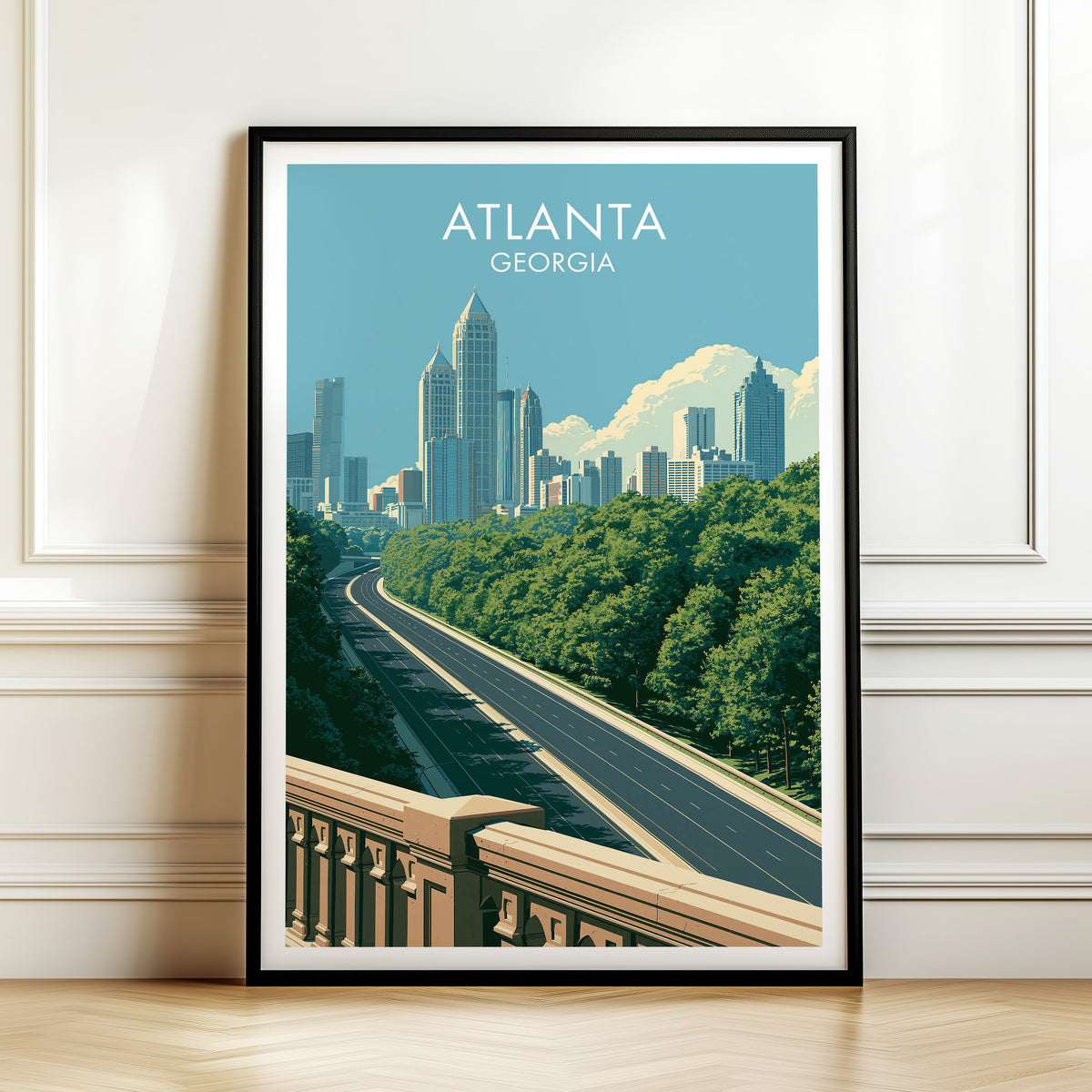 Atlanta wall art in a black frame leaning on white panelled moulding above a herringbone wood floor