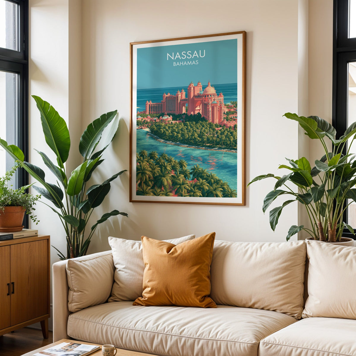Pink and aqua Bahamas art in an oak frame above a cream sofa with a burnt-orange cushion and tall plants