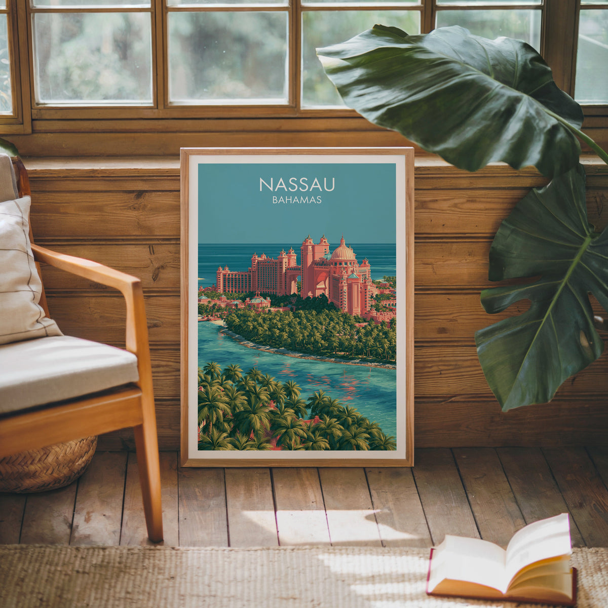 Nassau harbour-side view in an oak frame on a pine cabin wall with a wooden armchair and monstera leaf