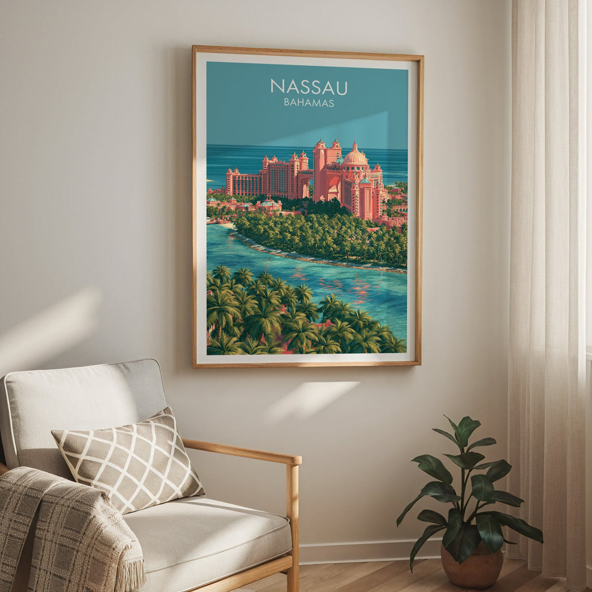 Coral towers and palms, oak frame above a cream armchair with a check cushion and a sheer curtain