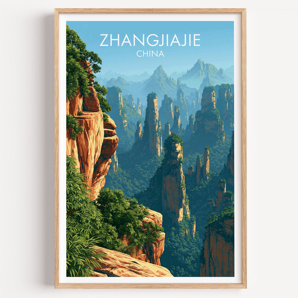 Zhangjiajie China travel poster in a natural wood frame, shown against a clean white wall