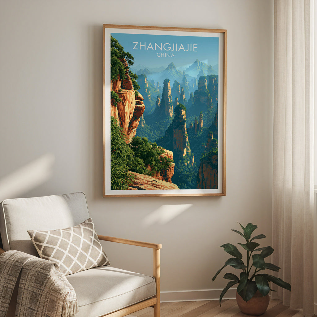 Zhangjiajie China travel print in a light oak frame on a living room wall beside a linen armchair