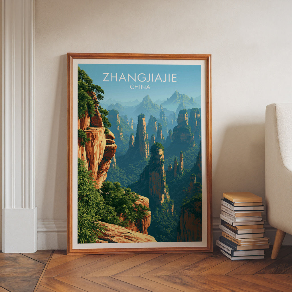 Zhangjiajie China art print in a walnut frame leaning in a hallway beside stacked books