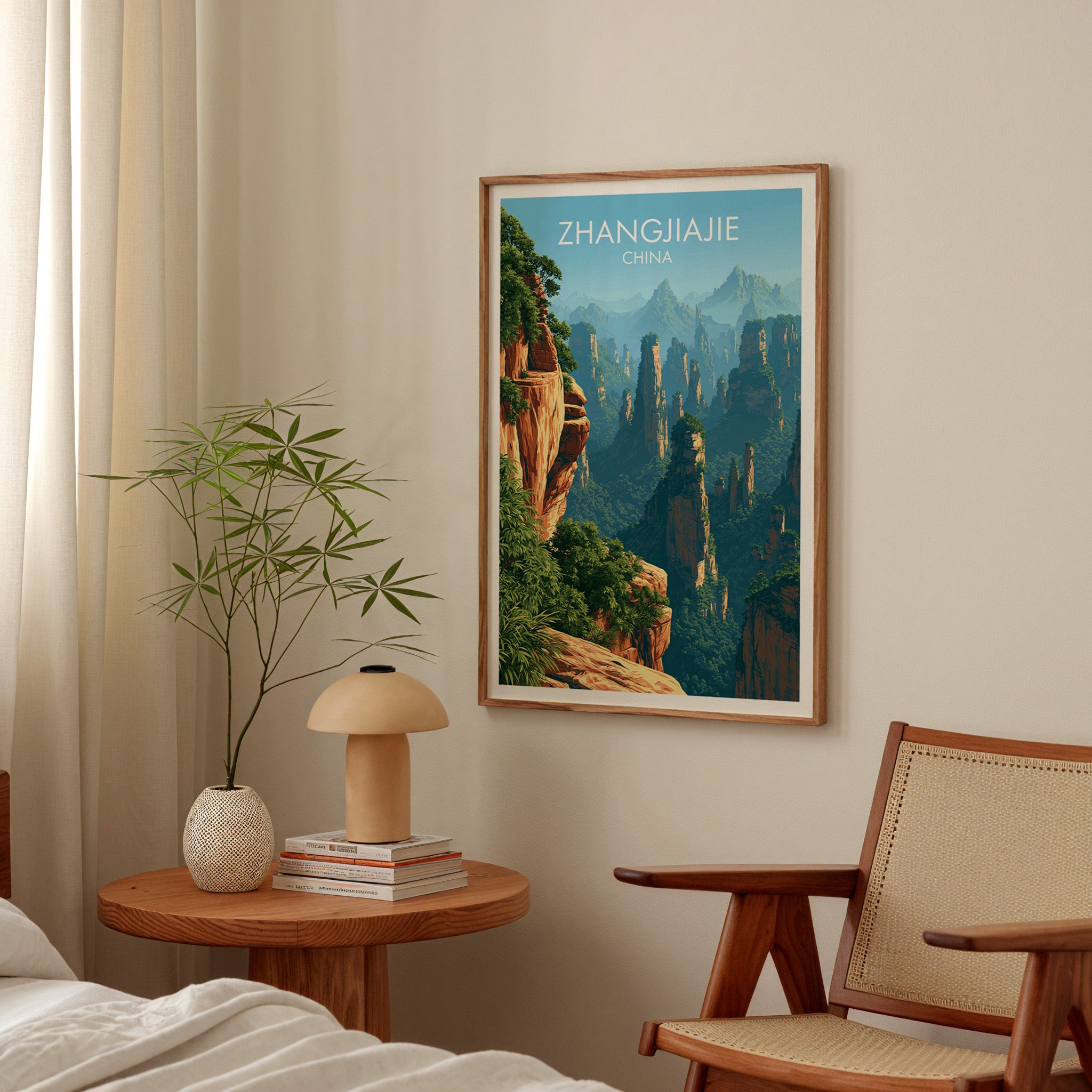 Zhangjiajie China poster above a bedroom nightstand with a bamboo plant and mushroom lamp
